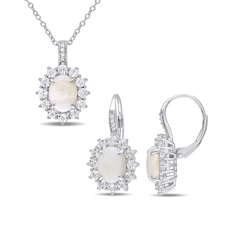 Oval Opal, White Topaz, and 0.06 CT. T.W. Diamond Frame Pendant and Drop Earrings Set in Sterling Silver