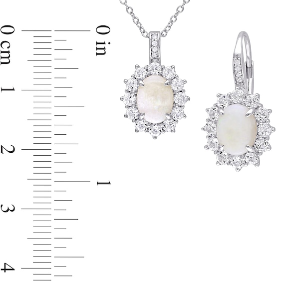 Oval Opal, White Topaz, and 0.06 CT. T.W. Diamond Frame Pendant and Drop Earrings Set in Sterling Silver