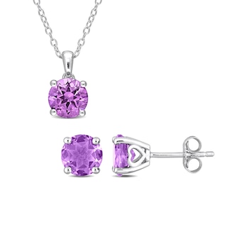 7.0mm Amethyst Solitaire Pendant and Stud Earrings Set in Sterling Silver