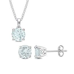 7.0mm Aquamarine Solitaire Pendant and Stud Earrings Set in Sterling Silver