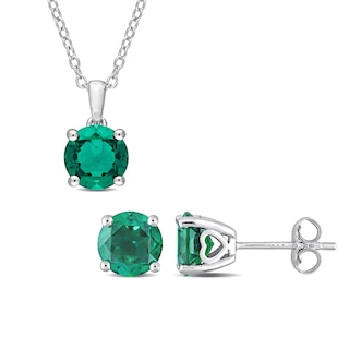 7.0mm Lab-Created Emerald Solitaire Pendant and Stud Earrings Set in Sterling Silver