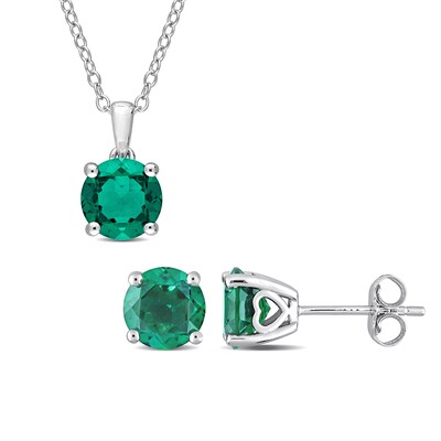 7.0mm Lab-Created Emerald Solitaire Pendant and Stud Earrings Set in Sterling Silver