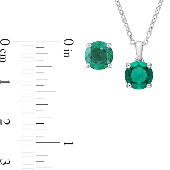 7.0mm Lab-Created Emerald Solitaire Pendant and Stud Earrings Set in Sterling Silver