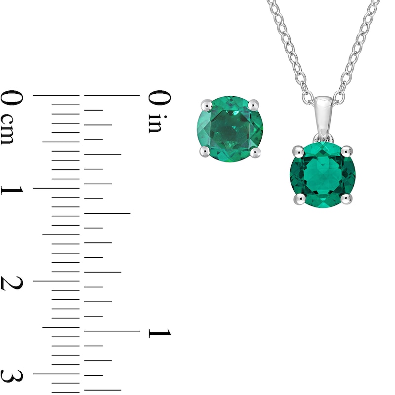 7.0mm Lab-Created Emerald Solitaire Pendant and Stud Earrings Set in Sterling Silver