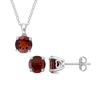 7.0mm Garnet Solitaire Pendant and Stud Earrings Set in Sterling Silver