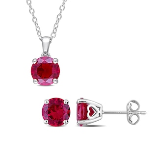 7.0mm Lab-Created Ruby Solitaire Pendant and Stud Earrings Set in Sterling Silver