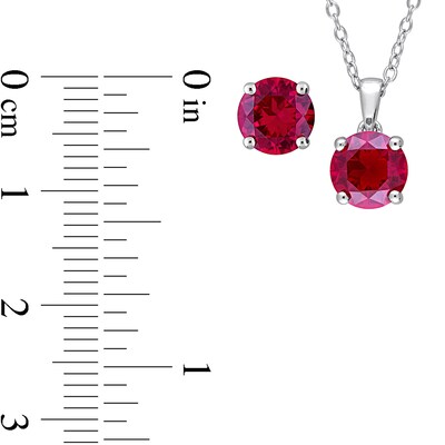 7.0mm Lab-Created Ruby Solitaire Pendant and Stud Earrings Set in Sterling Silver