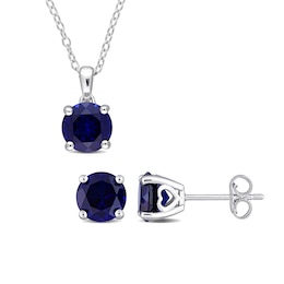 7.0mm Blue Lab-Created Sapphire Solitaire Pendant and Stud Earrings Set in Sterling Silver