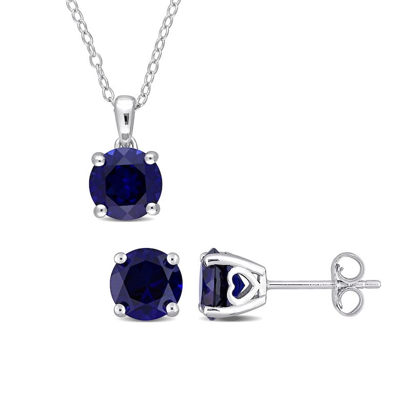 7.0mm Blue Lab-Created Sapphire Solitaire Pendant and Stud Earrings Set in Sterling Silver