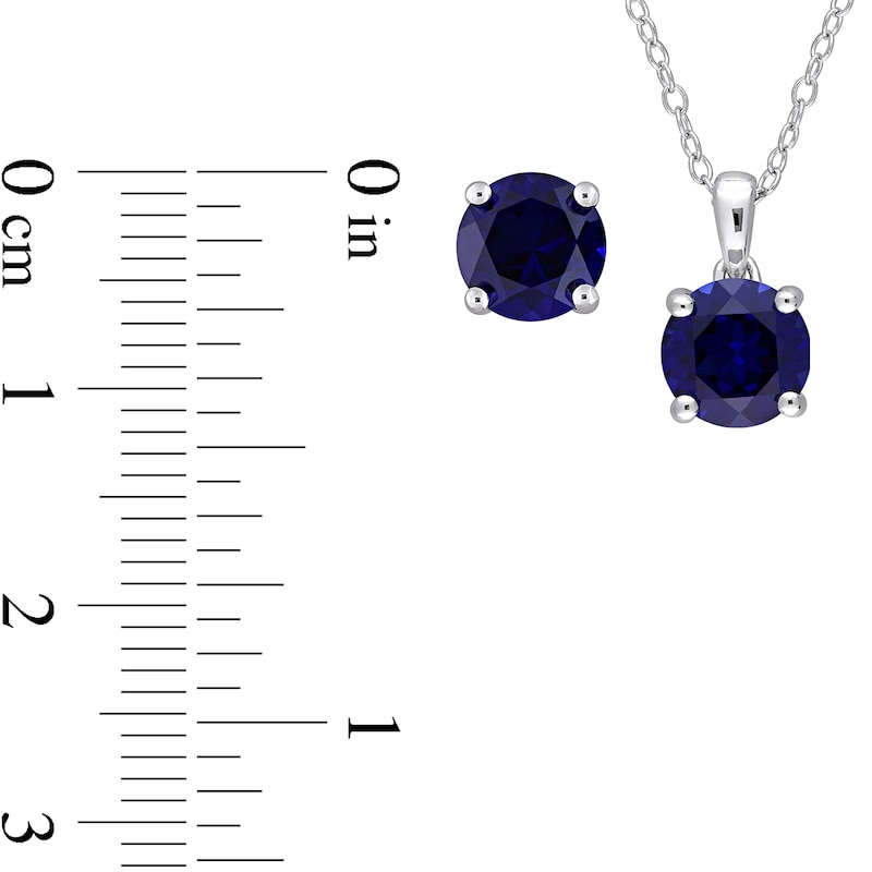 7.0mm Blue Lab-Created Sapphire Solitaire Pendant and Stud Earrings Set in Sterling Silver