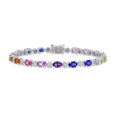 Oval Multi-Colour Lab-Created Sapphire and Diamond Accent Alternating Rainbow Line Bracelet in Sterling Silver - 7.25"