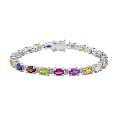 Oval Multi-Gemstone Rainbow Line Bracelet in Sterling Silver