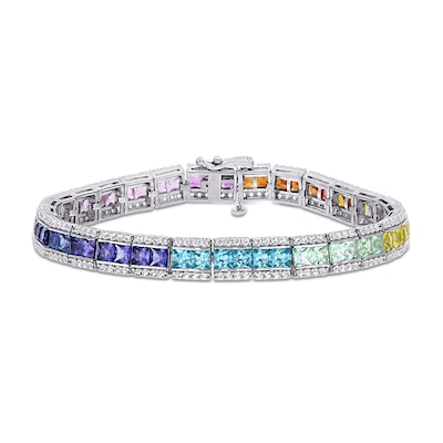 3.0mm Princess-Cut Multi-Colour Lab-Created Sapphire Rainbow Triple-Row Tennis Bracelet in Sterling Silver