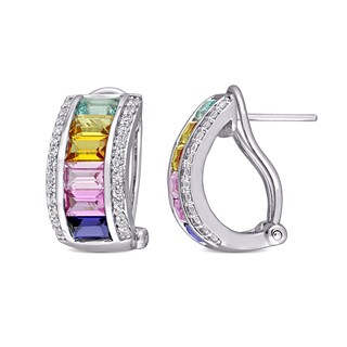 Baguette Multi-Colour Lab-Created Sapphire Triple-Row Hoop Earrings in Sterling Silver