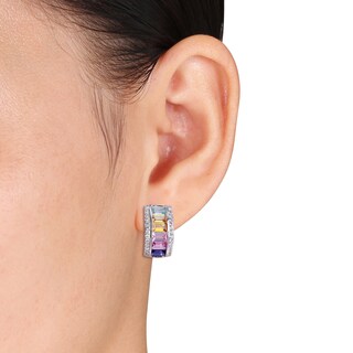 Baguette Multi-Colour Lab-Created Sapphire Triple-Row Hoop Earrings in Sterling Silver