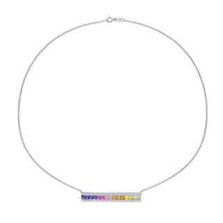 3.0mm Princess-Cut Multi-Colour Lab-Created Sapphire Rainbow Triple-Row Bar Necklace in Sterling Silver - 16"