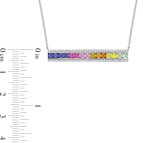 3.0mm Princess-Cut Multi-Colour Lab-Created Sapphire Rainbow Triple-Row Bar Necklace in Sterling Silver - 16"