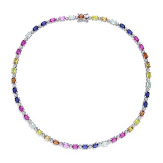 Oval Multi-Colour Lab-Created Sapphire Alternating Choker Necklace in Sterling Silver - 16"