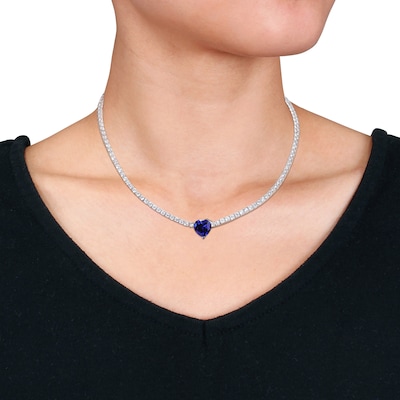 10.0mm Heart-Shaped Blue Lab-Created Sapphire and White Lab-Created Sapphire Necklace in Sterling Silver - 15"