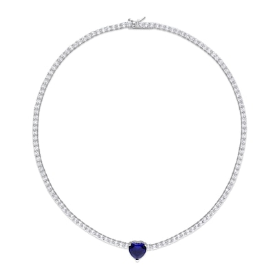 10.0mm Heart-Shaped Blue Lab-Created Sapphire and White Lab-Created Sapphire Necklace in Sterling Silver - 15"