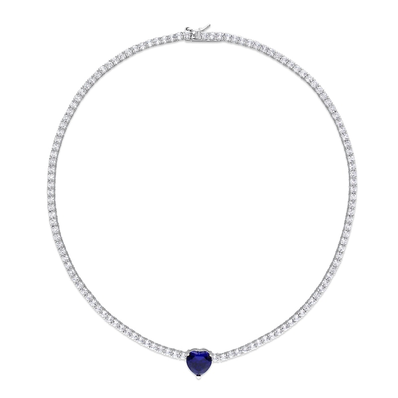 10.0mm Heart-Shaped Blue Lab-Created Sapphire and White Lab-Created Sapphire Necklace in Sterling Silver - 15"|Peoples Jewellers
