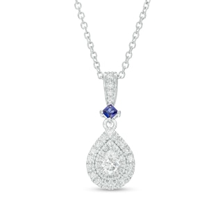 Vera Wang Love Collection 0.23 CT. T.W. Pear-Shaped Diamond and Blue Sapphire Pendant in 10K White Gold - 19"