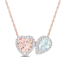 Heart-Shaped Morganite, Pear-Shaped Aquamarine, and 0.20 CT. T.W. Diamond Frame Pendant in 10K Rose Gold - 17&quot;