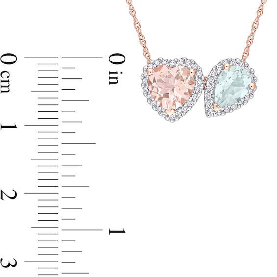 Heart-Shaped Morganite, Pear-Shaped Aquamarine, and 0.20 CT. T.W. Diamond Frame Pendant in 10K Rose Gold - 17"