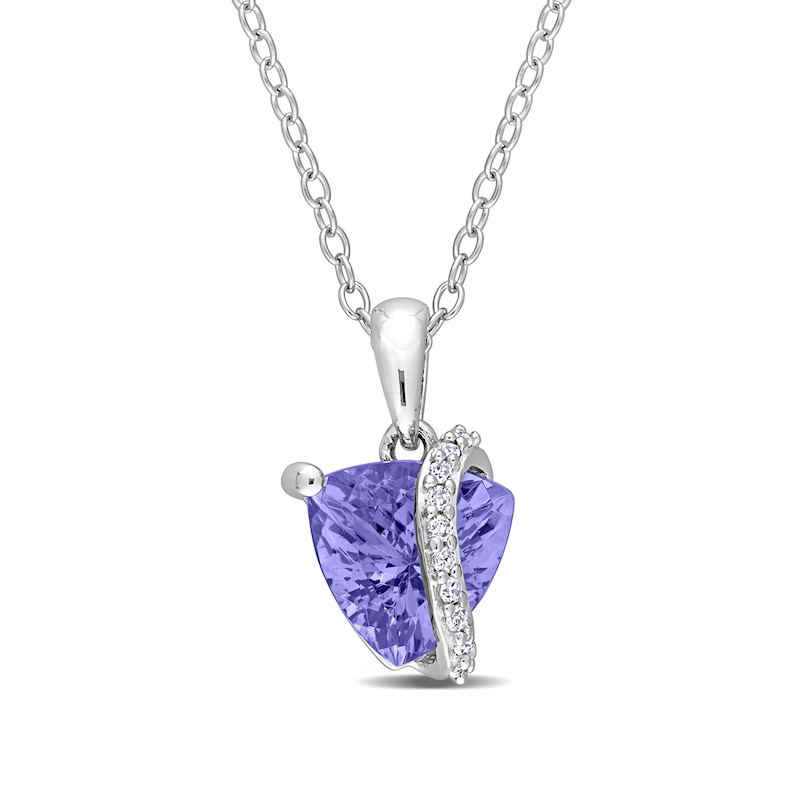8.0mm Trillion-Cut Tanzanite and 0.04 CT. T.W. Diamond Ribbon Pendant in Sterling Silver |Peoples Jewellers