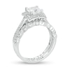 Cushion-Cut White Lab-Created Sapphire and 0.23 CT. T.W. Diamond Engravable Bridal Set in Sterling Silver (2 Lines)