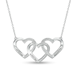 Mother's Diamond Accent Beaded Engravable Interlocking Hearts Necklace in Sterling Silver (3 Lines)