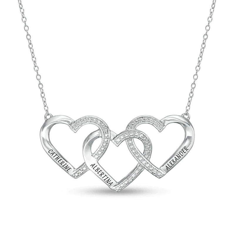 Mother's Diamond Accent Beaded Engravable Interlocking Hearts Necklace in Sterling Silver (3 Lines)