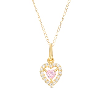 Child's 3.0mm Heart-Shaped Pink Cubic Zirconia Open Frame Pendant in 10K Gold – 15"