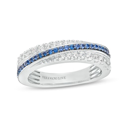Vera Wang Love Collection Blue Sapphire and 0.29 CT. T.W. Diamond Diagonal Band in 10K White Gold