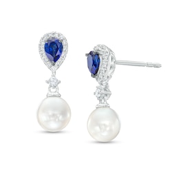 Vera Wang Love Collection Freshwater Cultured Pearl, Blue Sapphire and 0.085 CT. T.W. Diamond Earrings in 10K White Gold