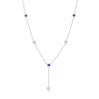 Vera Wang Love Collection Blue Sapphire and 0.18 CT. T.W. Diamond Station "Y" Necklace in 10K White Gold - 19"