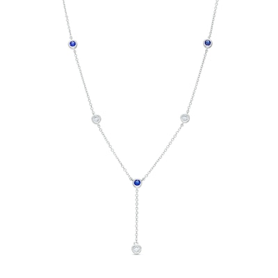 Vera Wang Love Collection Blue Sapphire and 0.18 CT. T.W. Diamond Station "Y" Necklace in 10K White Gold - 19"