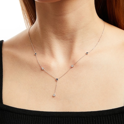 Vera Wang Love Collection Blue Sapphire and 0.18 CT. T.W. Diamond Station "Y" Necklace in 10K White Gold - 19"