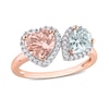 Thumbnail Image 0 of 7.0mm Heart-Shaped Morganite, Pear-Shaped Aquamarine, and 0.20 CT. T.W. Diamond Frame Toi et Moi Ring in 10K Rose Gold