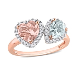 7.0mm Heart-Shaped Morganite, Pear-Shaped Aquamarine, and 0.20 CT. T.W. Diamond Frame Toi et Moi Ring in 10K Rose Gold