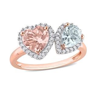 7.0mm Heart-Shaped Morganite, Pear-Shaped Aquamarine, and 0.20 CT. T.W. Diamond Frame Toi et Moi Ring in 10K Rose Gold