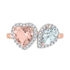 7.0mm Heart-Shaped Morganite, Pear-Shaped Aquamarine, and 0.20 CT. T.W. Diamond Frame Toi et Moi Ring in 10K Rose Gold