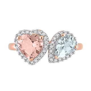 7.0mm Heart-Shaped Morganite, Pear-Shaped Aquamarine, and 0.20 CT. T.W. Diamond Frame Toi et Moi Ring in 10K Rose Gold