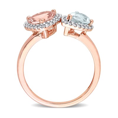 7.0mm Heart-Shaped Morganite, Pear-Shaped Aquamarine, and 0.20 CT. T.W. Diamond Frame Toi et Moi Ring in 10K Rose Gold