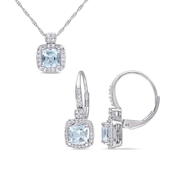 5.0mm Cushion-Cut Aquamarine and 0.29 CT. T.W. Diamond Frame Pendant and Drop Earrings Set in 10K White Gold - 17&quot;