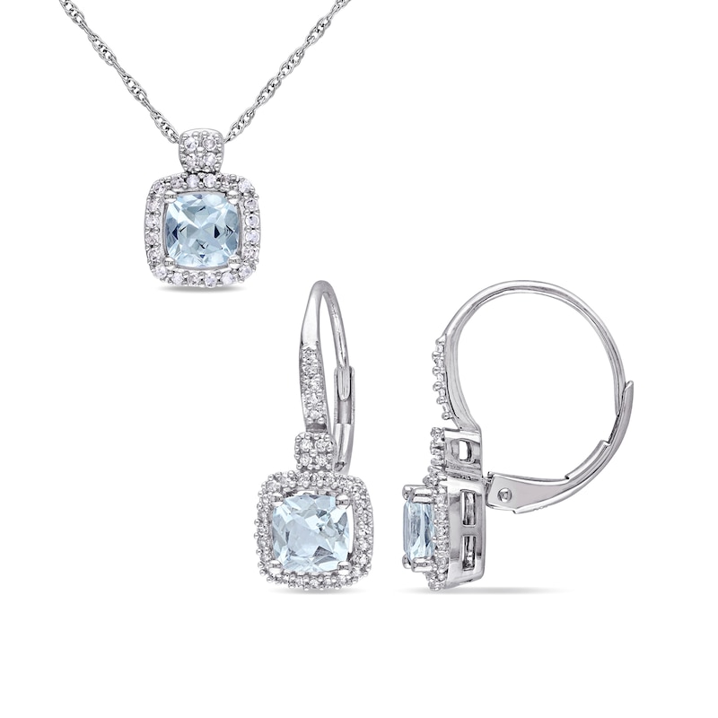5.0mm Cushion-Cut Aquamarine and 0.29 CT. T.W. Diamond Frame Pendant and Drop Earrings Set in 10K White Gold - 17"|Peoples Jewellers