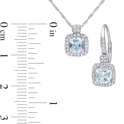 5.0mm Cushion-Cut Aquamarine and 0.29 CT. T.W. Diamond Frame Pendant and Drop Earrings Set in 10K White Gold - 17"