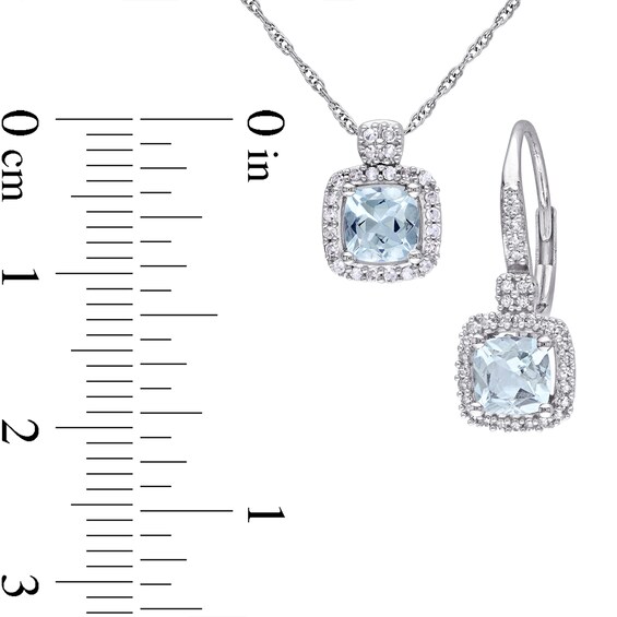 5.0mm Cushion-Cut Aquamarine and 0.29 CT. T.W. Diamond Frame Pendant and Drop Earrings Set in 10K White Gold - 17"