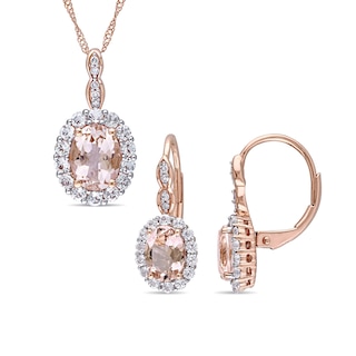 Oval Morganite, White Topaz, and 0.065 CT. T.W. Diamond Frame Pendant and Drop Earrings Set in 14K Rose Gold - 17"