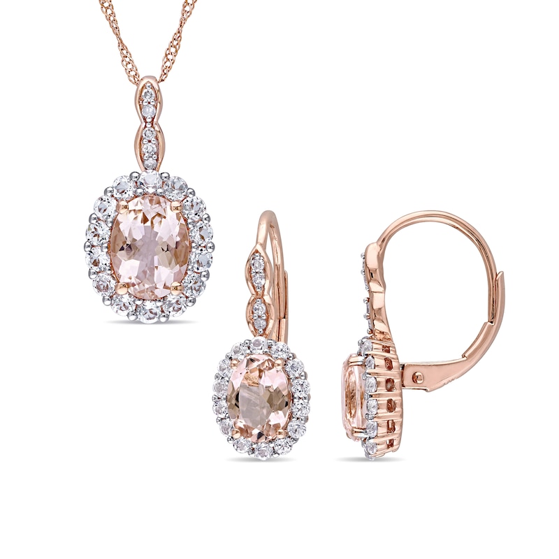 Oval Morganite, White Topaz, and 0.065 CT. T.W. Diamond Frame Pendant and Drop Earrings Set in 14K Rose Gold - 17"|Peoples Jewellers